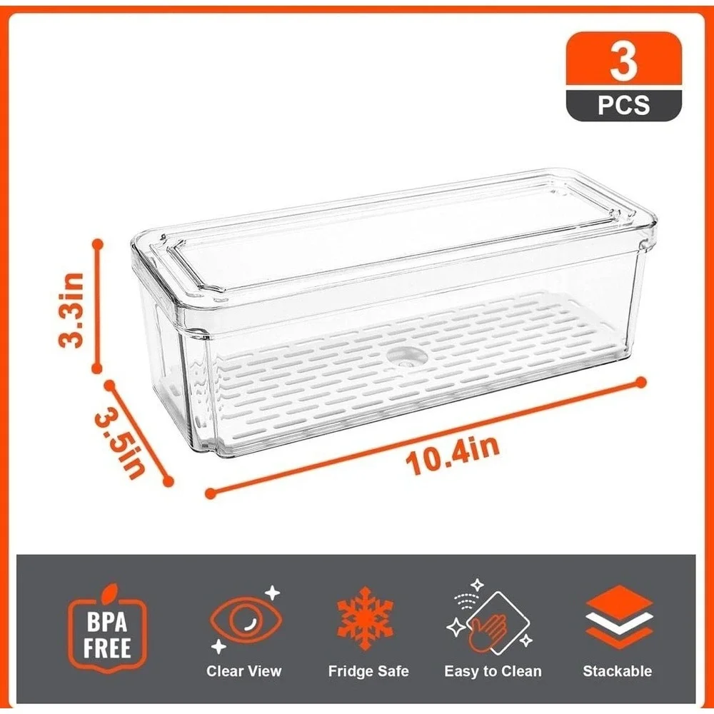 Pure Future 3 Pack Stackable Fridge Organizer Bins with Lids and Removable Drain